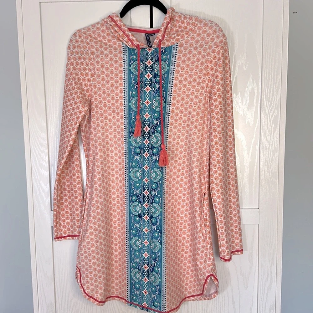 AQUA ET SOL Beach Coverup Dress Blue Orange Print Hooded‎ Hoodie UPF 50+ Sz S
